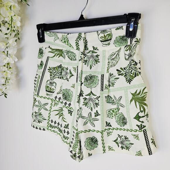 New Midnight Sky White Green Shell Print High Waist Shorts Small Coastal Resort - Picture 4 of 13